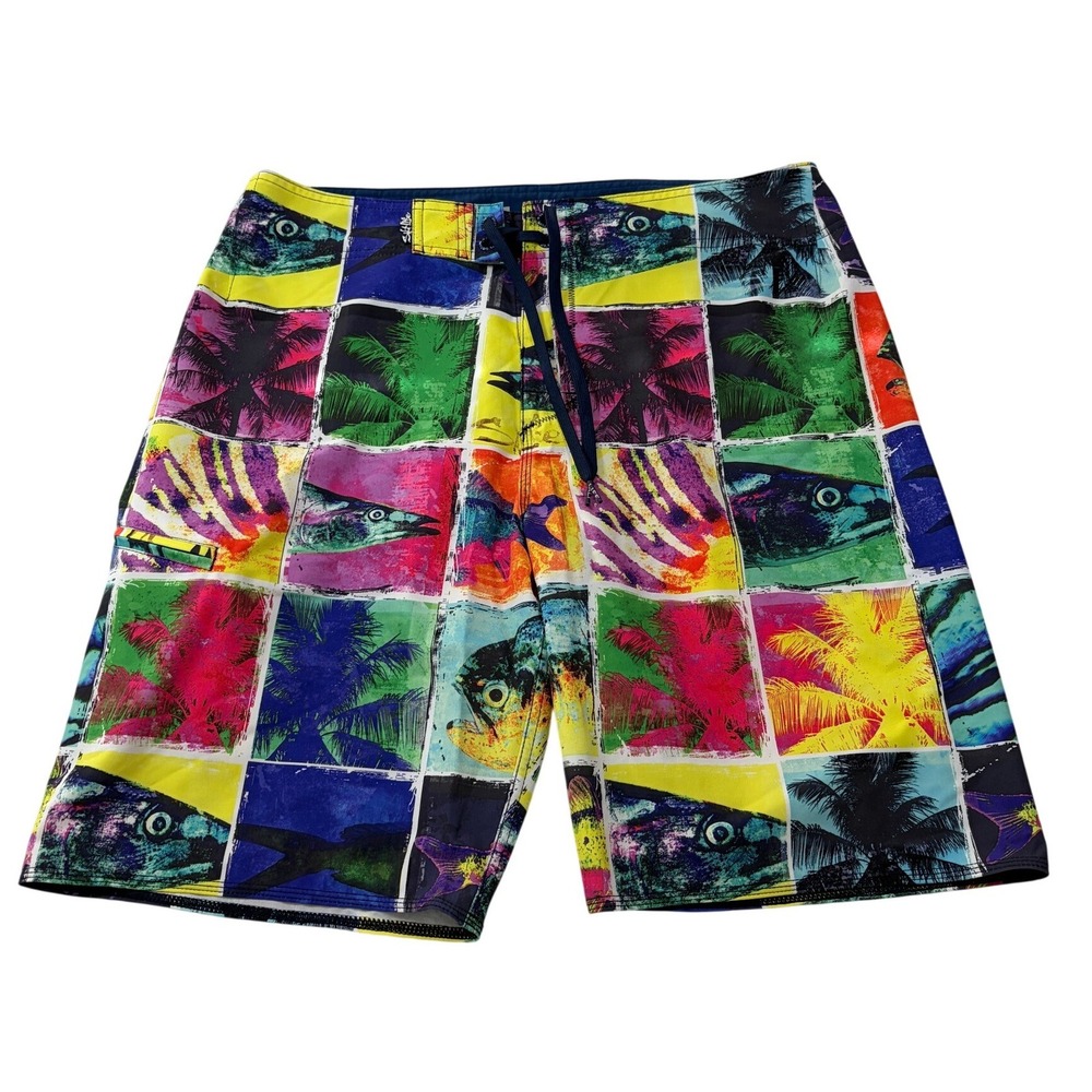Salt Life Mens Board Shorts 34 Multicolor Tropical Fish‎ Palm Tree Print Stretch